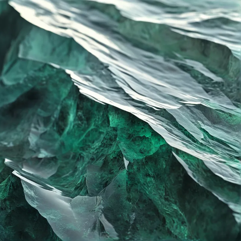 Crystalline green ice formations fractured into sharp jagged ridges with reflective white surfaces in a snowy landscape