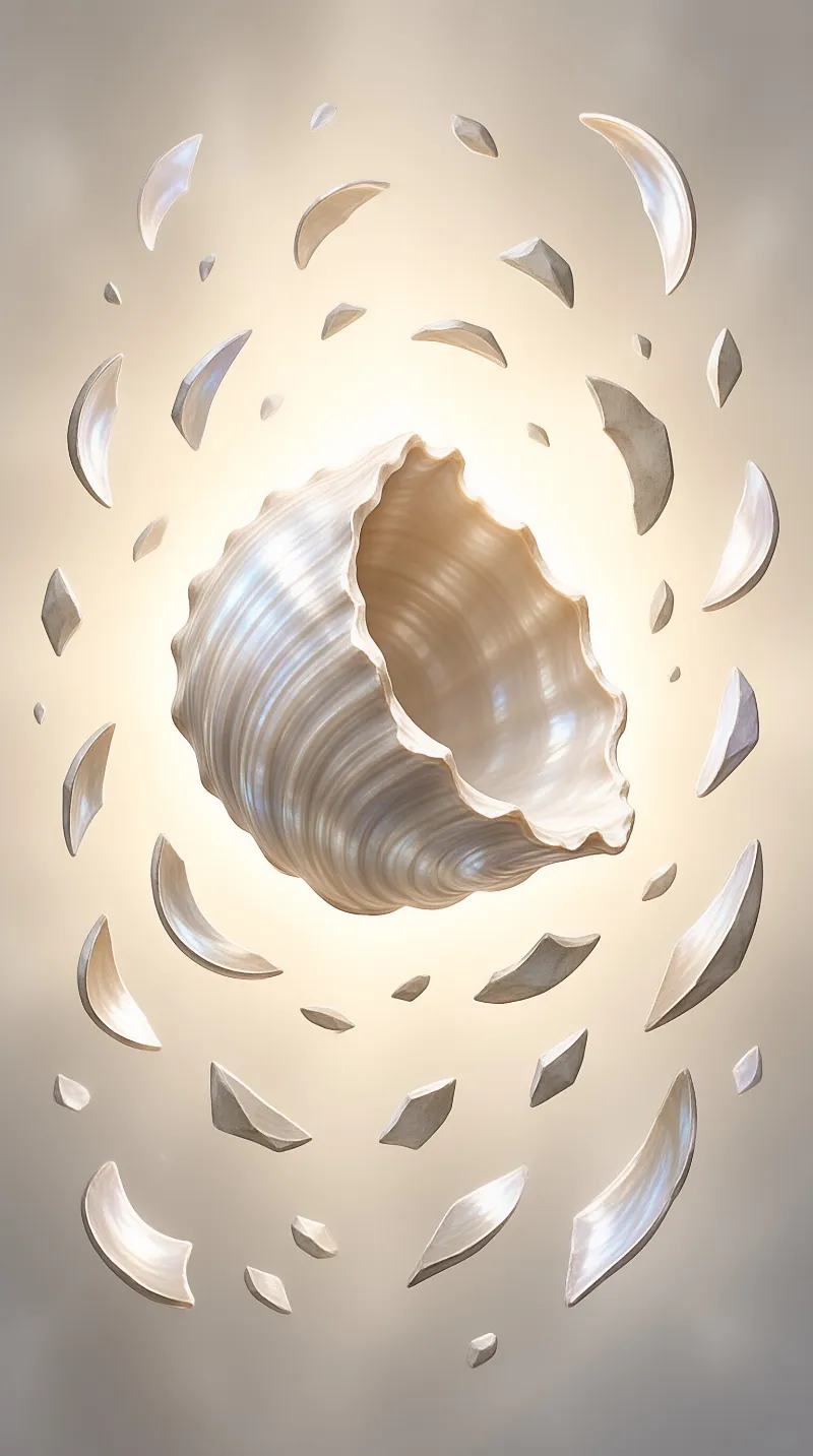 A glossy spiral seashell hangs centered in a warm pale gold background with curved shell fragments scattering around it outwardly.