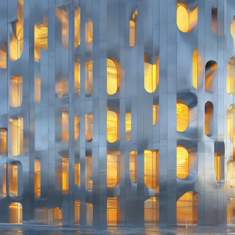 Metallic building exterior with vertical panels and irregular cutouts revealing warm yellow interior lighting against cool grey surfaces.