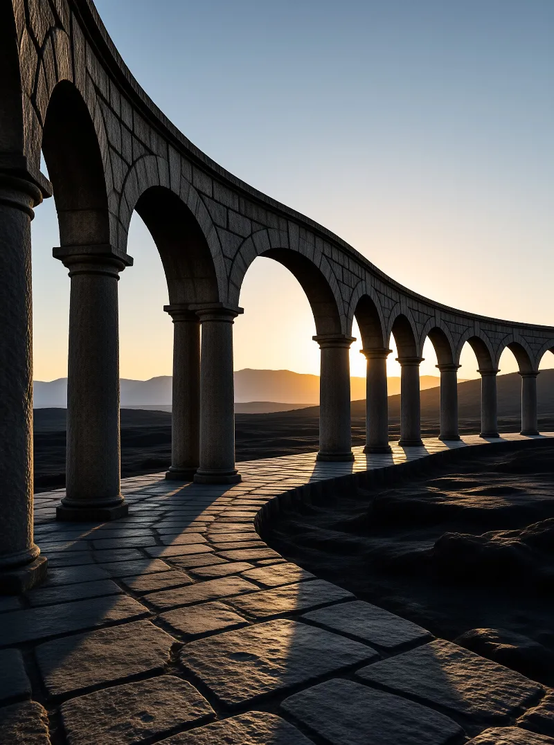 A long curved stone colonnade stands in a vast desert landscape under a setting sun.