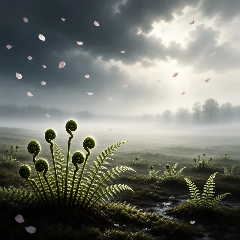 Young coiled fern fronds stand backlit in a wet meadow while pale petals drift across the storm brightened sky