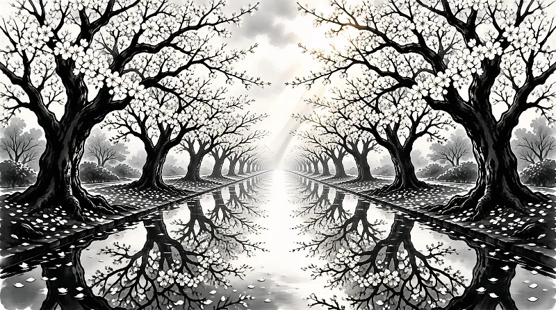 Rows of dark-trunked trees heavy with pale flowers recede to a bright horizon and double in a glassy canal.