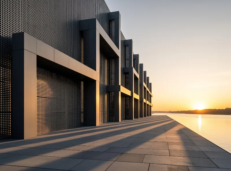 Deep bays of punched metal screening line a broad promenade as the low sun sets fire to the water beyond