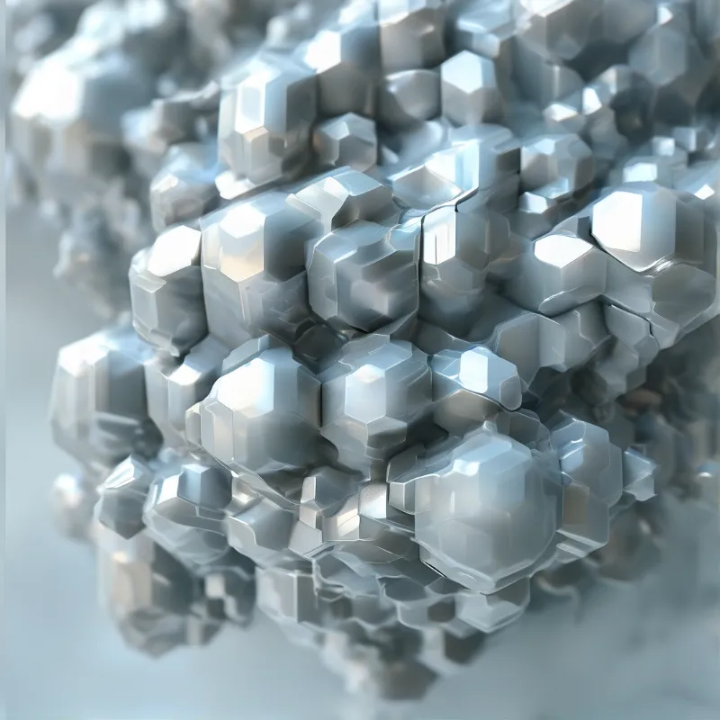 A dense arrangement of angular crystalline forms displays smooth surfaces and varied brightness levels.