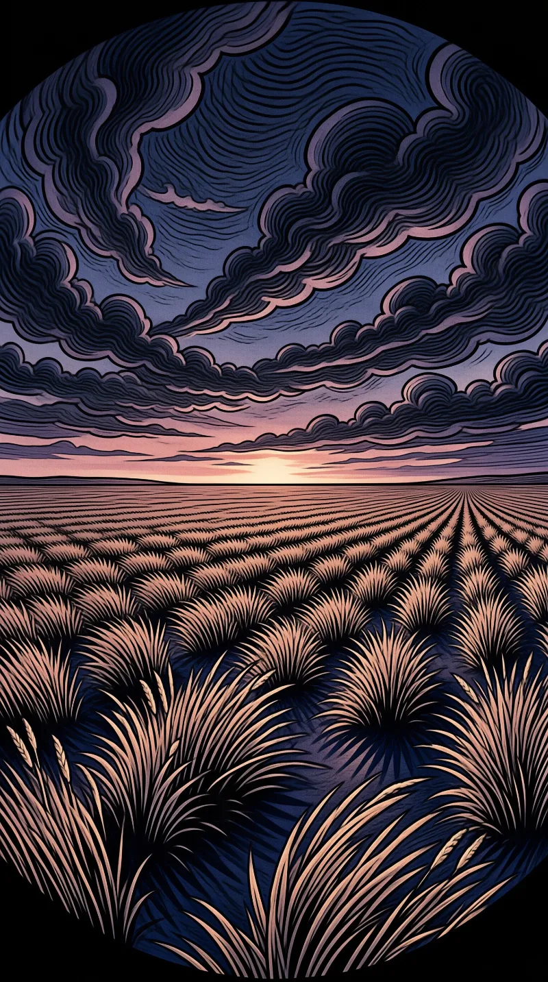 Wheat field rows stretch toward a horizon where dark swirling clouds meet a glowing orange sunset sky.