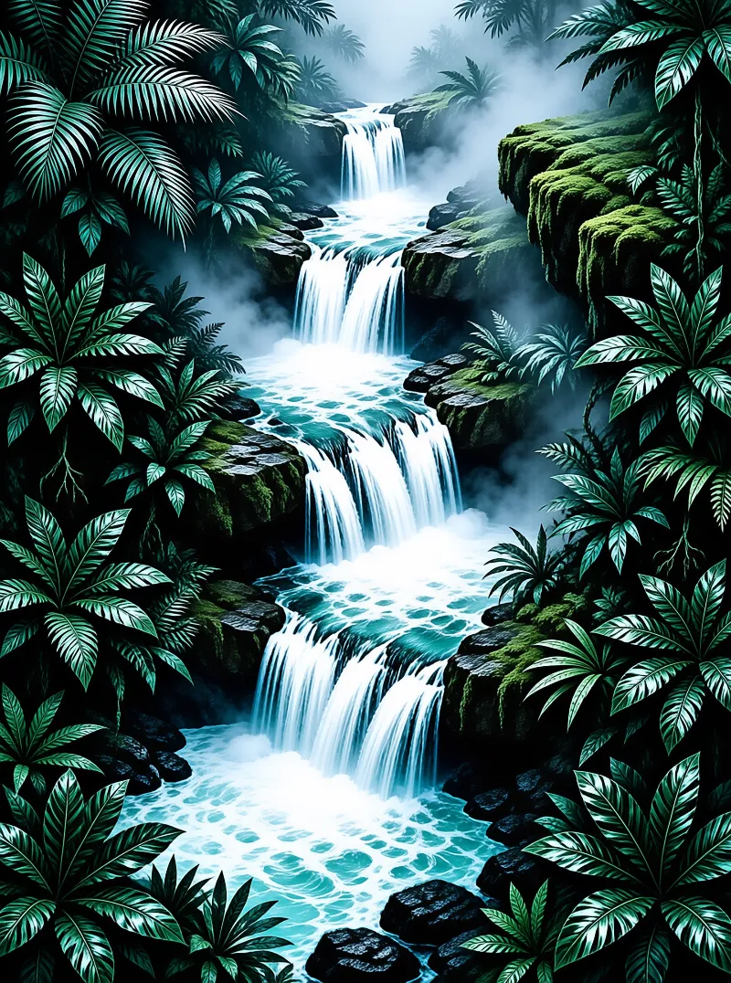 A cascading waterfall flows over mossy stones surrounded by lush tropical foliage and rising mist.