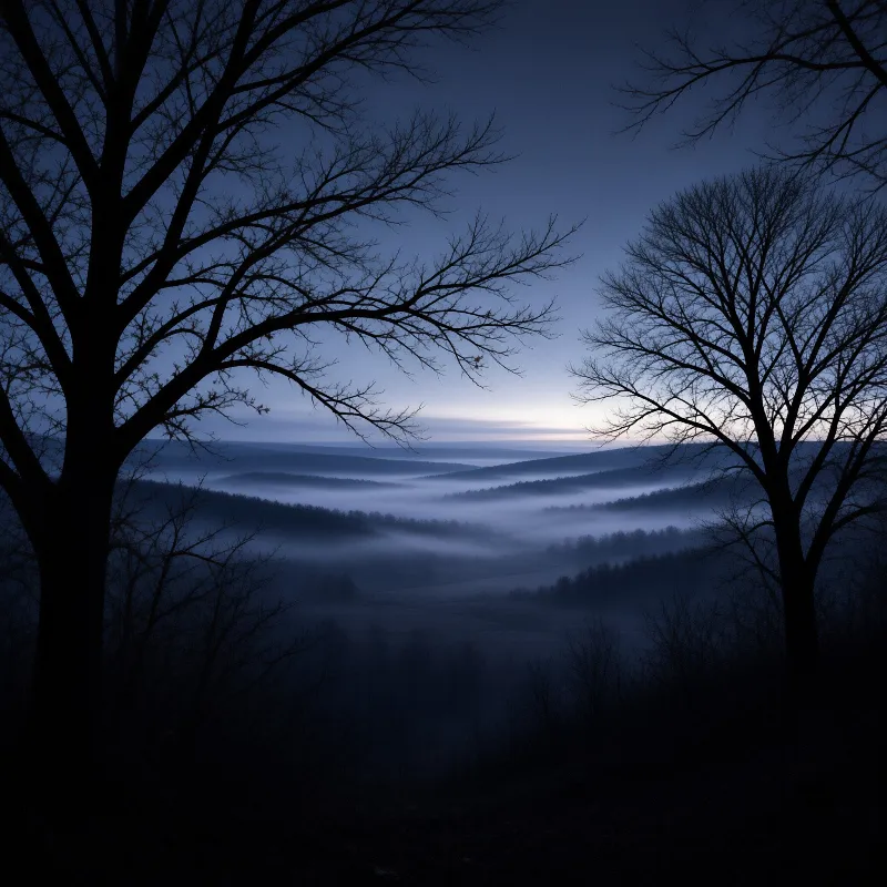 Dark leafless trees frame a valley filled with thick fog beneath a pale blue early morning sky.