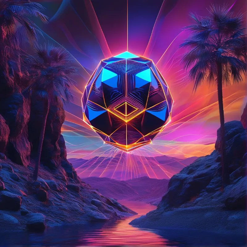 A faceted glowing sphere hovers above a winding river in a palm-fringed canyon bathed in purple and orange neon light.