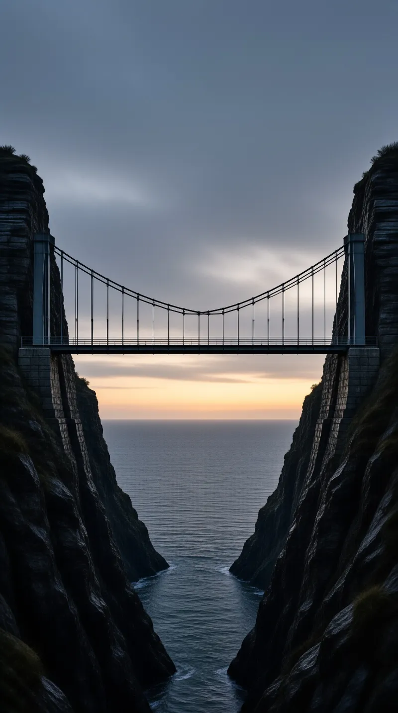 A slender footbridge links two sheer cliffs above a calm ocean as soft sunset light colors the horizon.