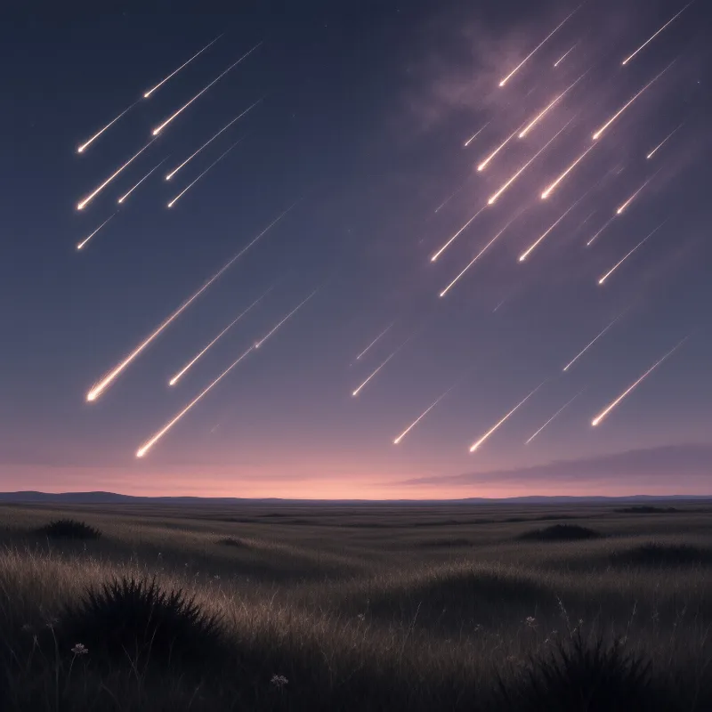 Bright meteor trails streak diagonally across a dark purple night sky above a calm, expansive field of dry grass.