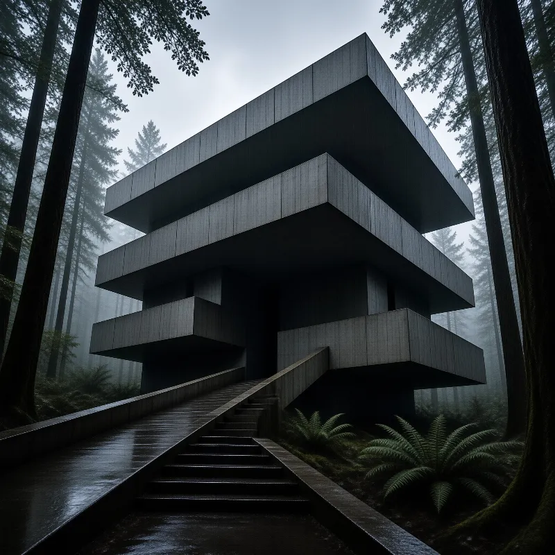 Tiered concrete architecture rises from a misty forest with wet stairs leading toward the dark structure.