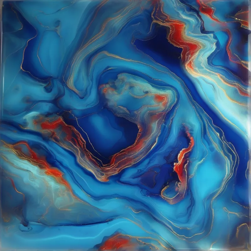 Swirling blues deepen into navy pools while crimson blooms and gilded threads drift across the canvas.