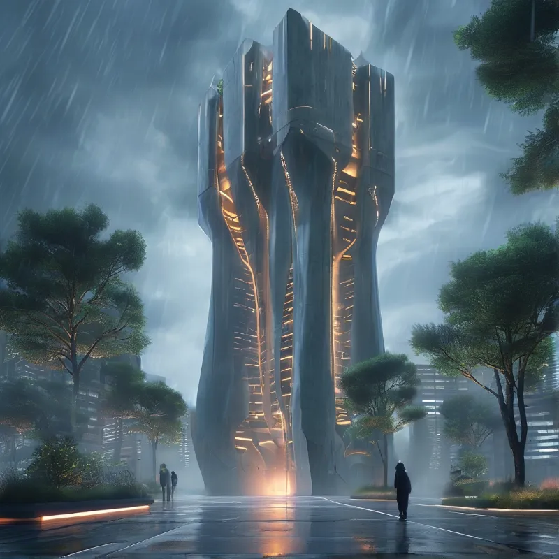 Futuristic Tower in Rain