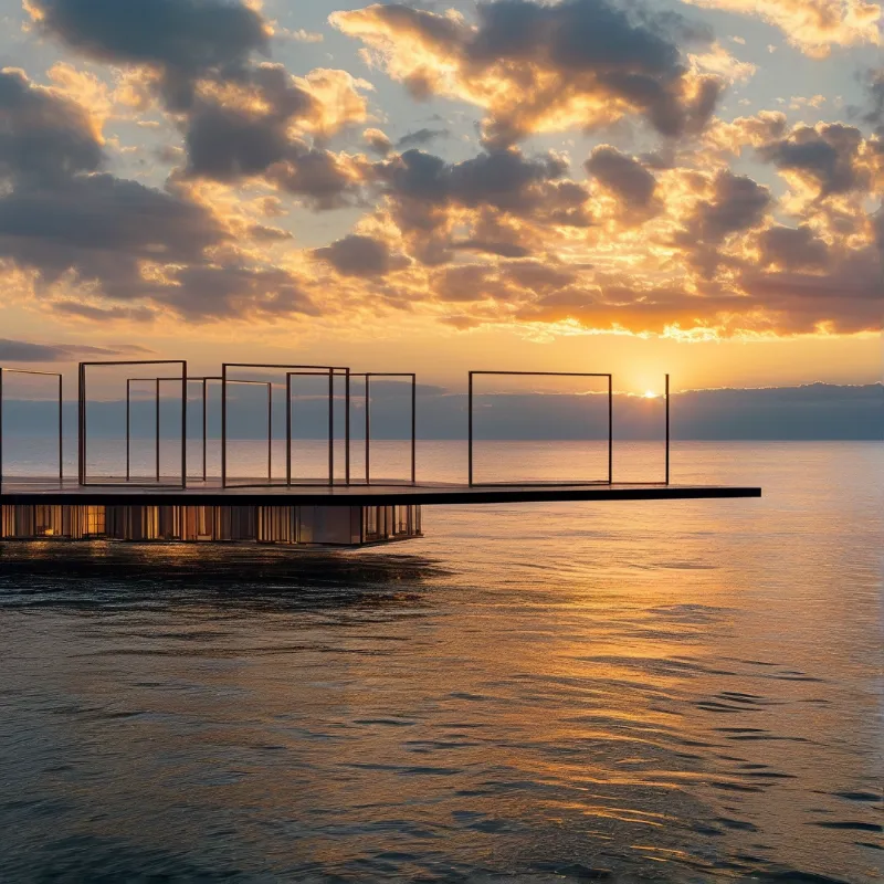 A row of open metal frames rises from a low pier as the setting sun burns beneath banks of evening cloud.
