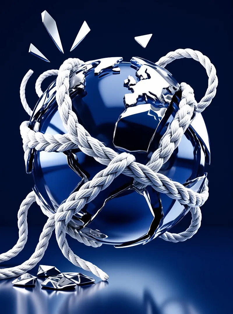 Reflective blue glass globe breaks under thick white ropes against a deep blue void.