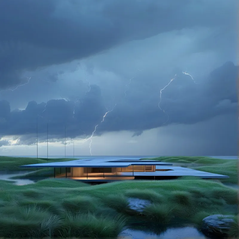 A dark horizontal roof hovers over warm lit rooms set into windswept dune grass while lightning splits a heavy blue sky.