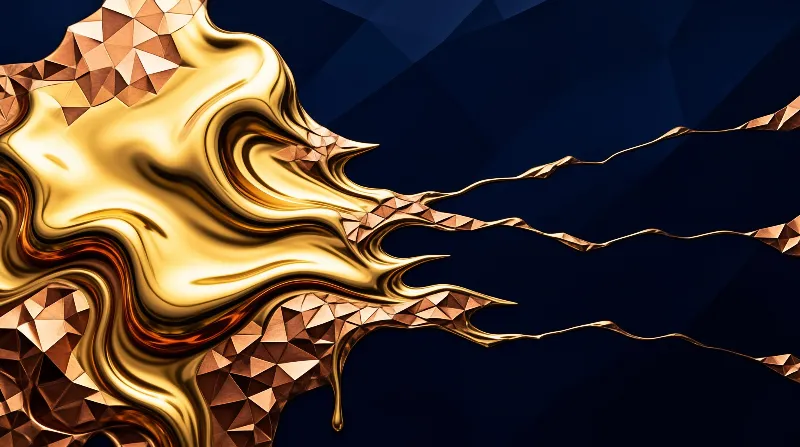 Molten gold flows right over a faceted dark navy background with angular copper edged highlights.