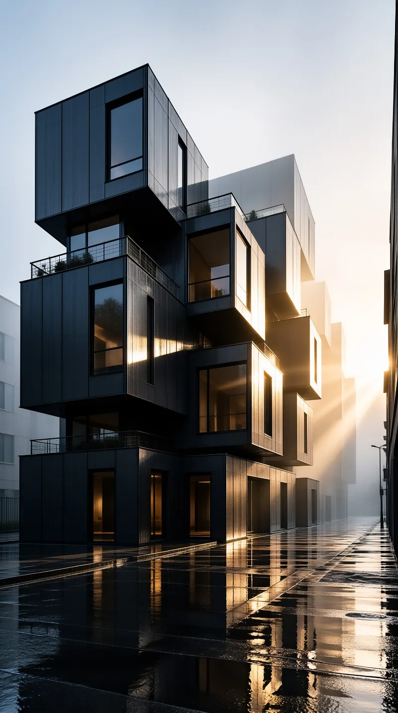 A dark modern building made of stacked cantilevered boxes stands on a wet street bathed in golden sun rays and mist.
