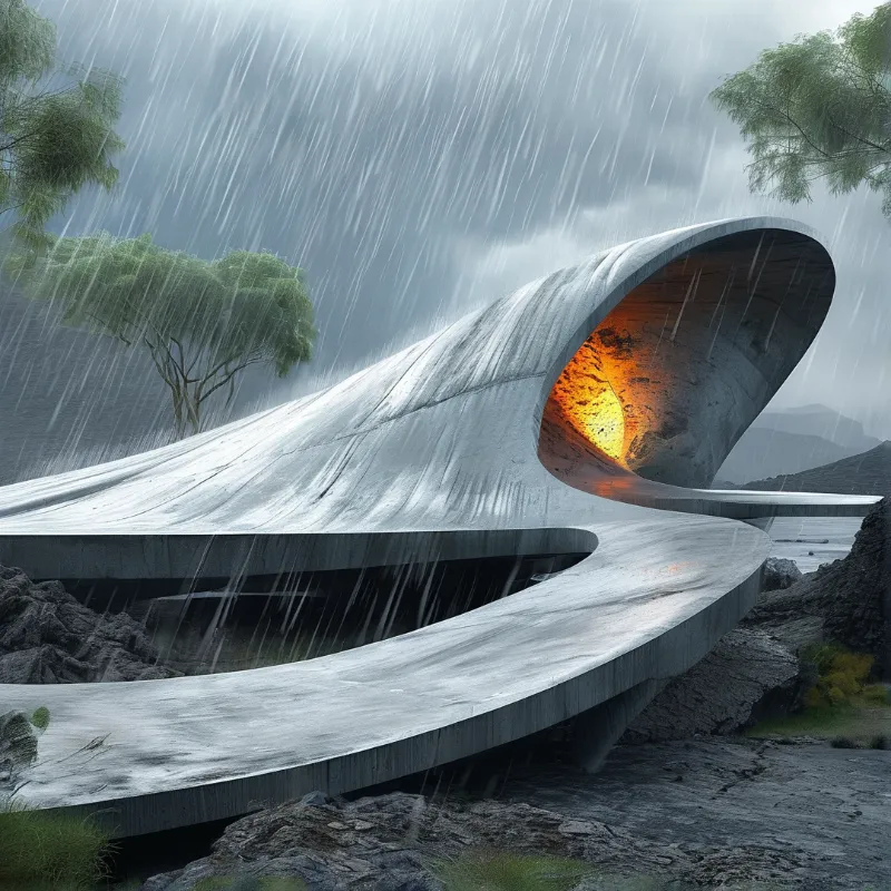 A massive curved concrete structure arches over a rocky shore during a heavy rainstorm as a bright orange glow emanates from its dark interior contrasting with the wet gray surroundings.