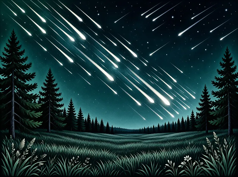 Bright meteors streak diagonally across a teal starry sky above silhouetted pines and a grassy meadow with wildflowers.