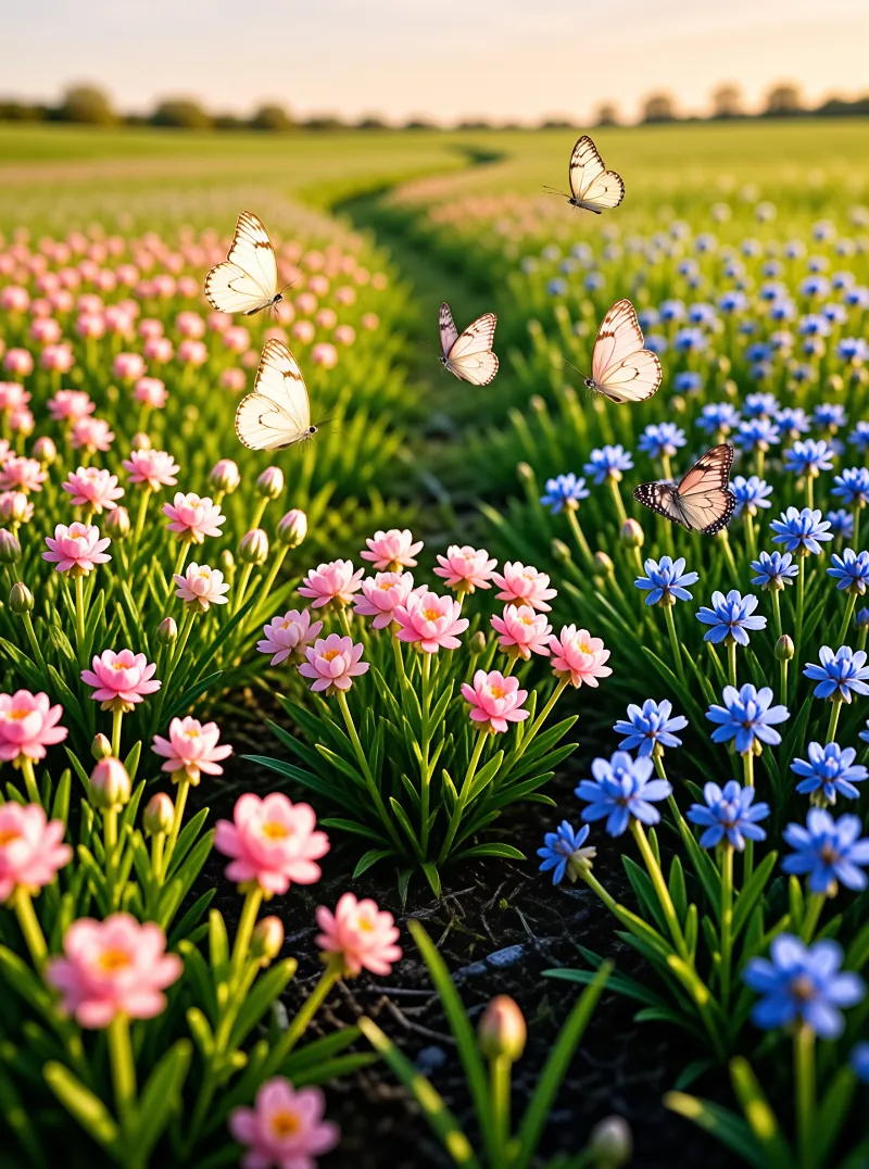 Rows of pink and blue blossoms stretch across a green meadow as pale butterflies drift through warm evening light.