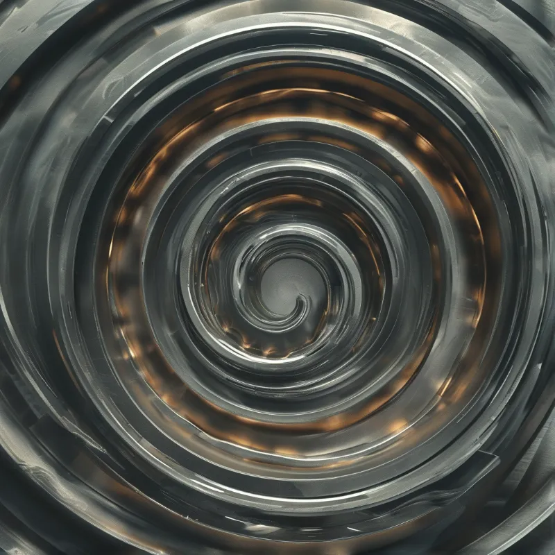 A close-up view of concentric silver rings swirling into a dark center with warm copper highlights