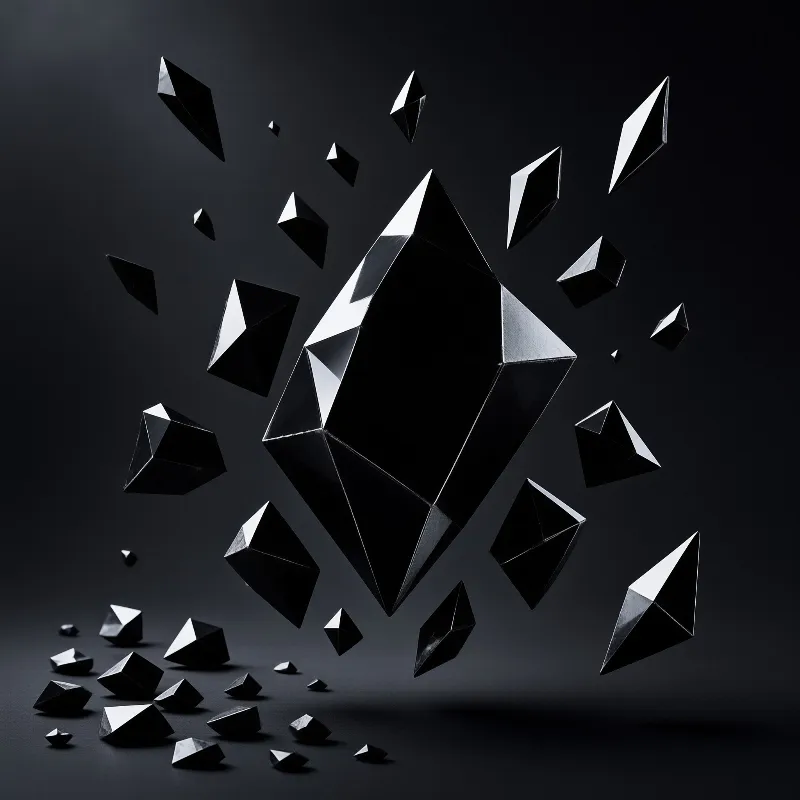 Black geometric objects explode outward above a flat dark plane with bright sharp highlights.