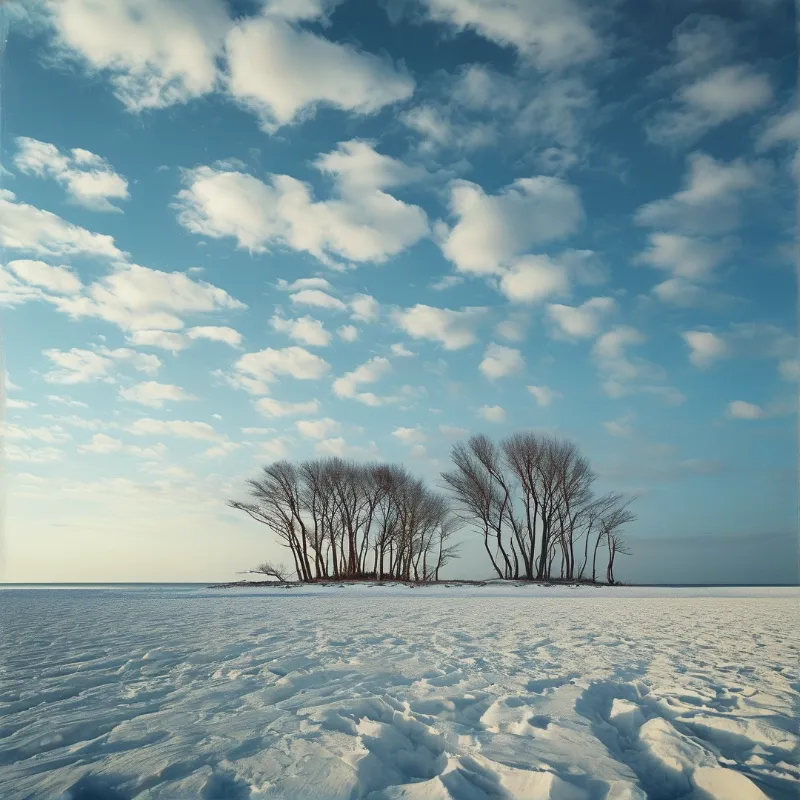 Leafless trees stand on a snowy ridge amidst a vast frozen expanse beneath a bright blue sky with scattered clouds.