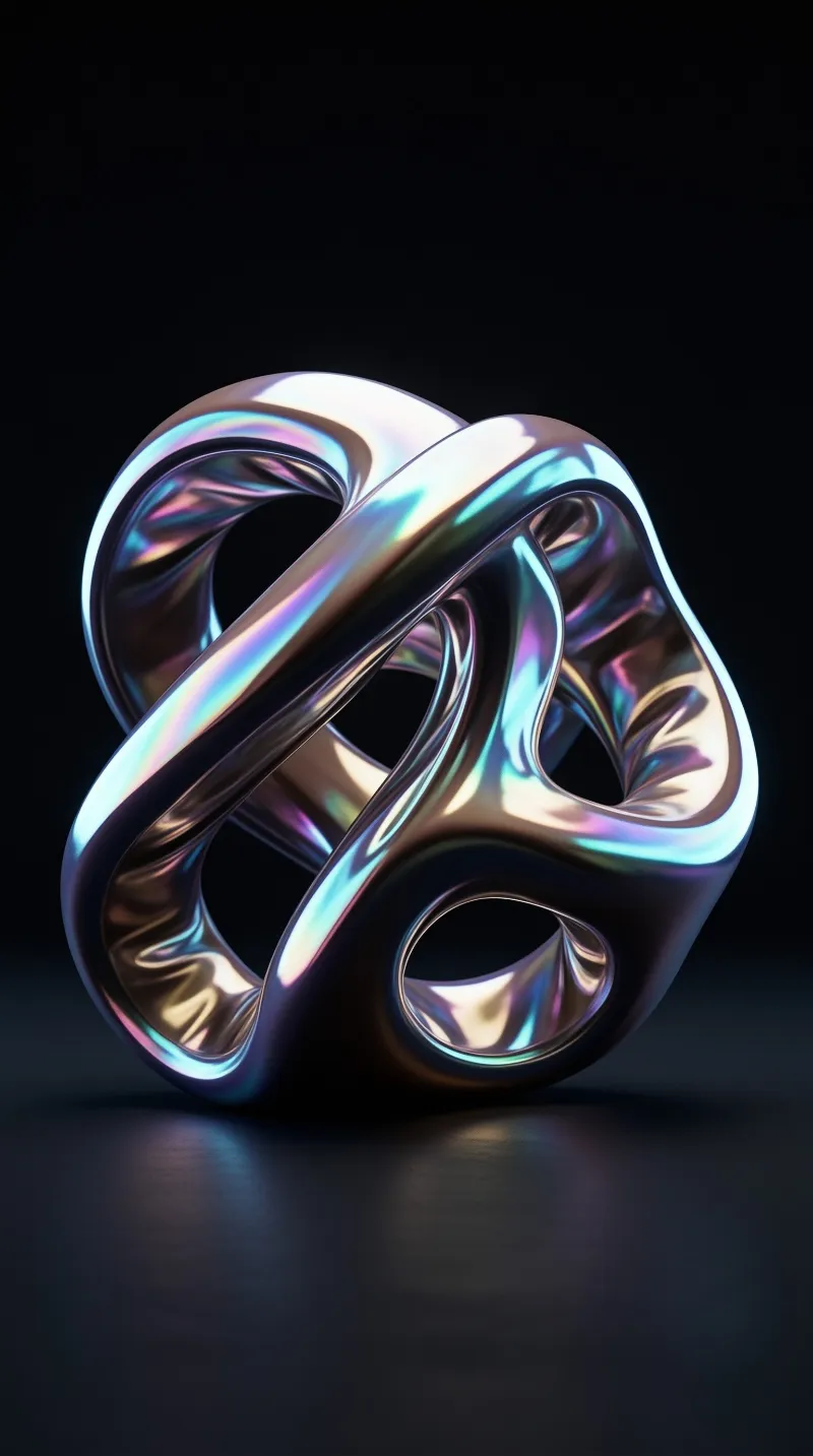 A polished loop of rainbow-tinted metal twists into a knot shape, resting on a dark reflective surface.