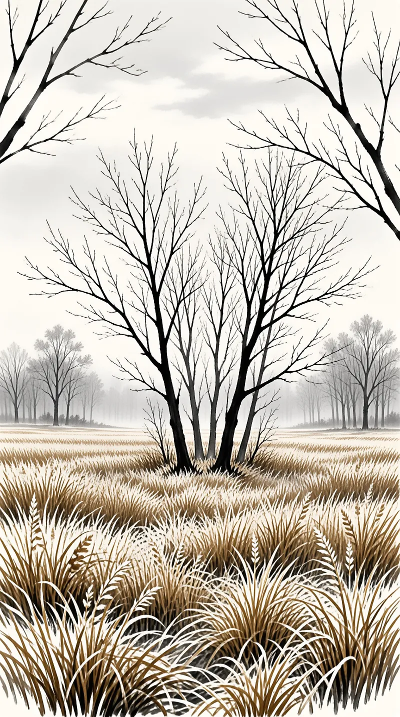 Ink-painted bare trees stand over a field of pale golden grasses fading into soft mist.
