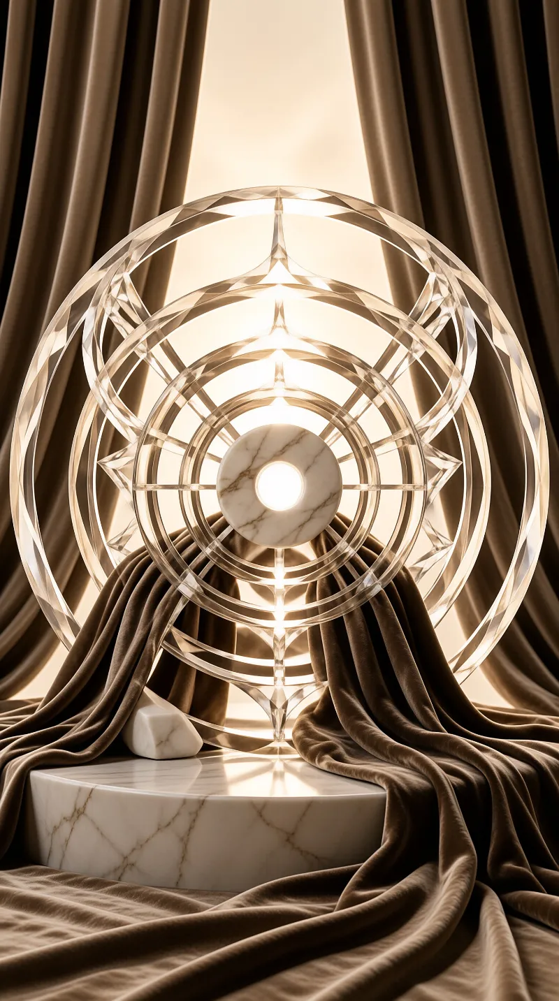 A luminous crystal sphere with concentric rings sits on a marble pedestal surrounded by draped brown velvet curtains.