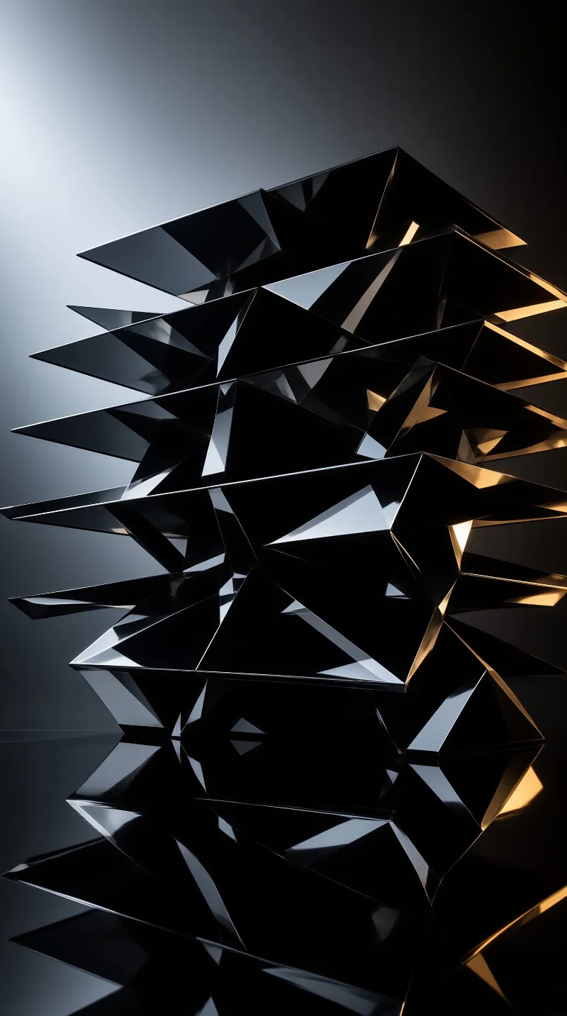 A sharp black crystalline shape stands against a dark background with bright white and gold reflections.