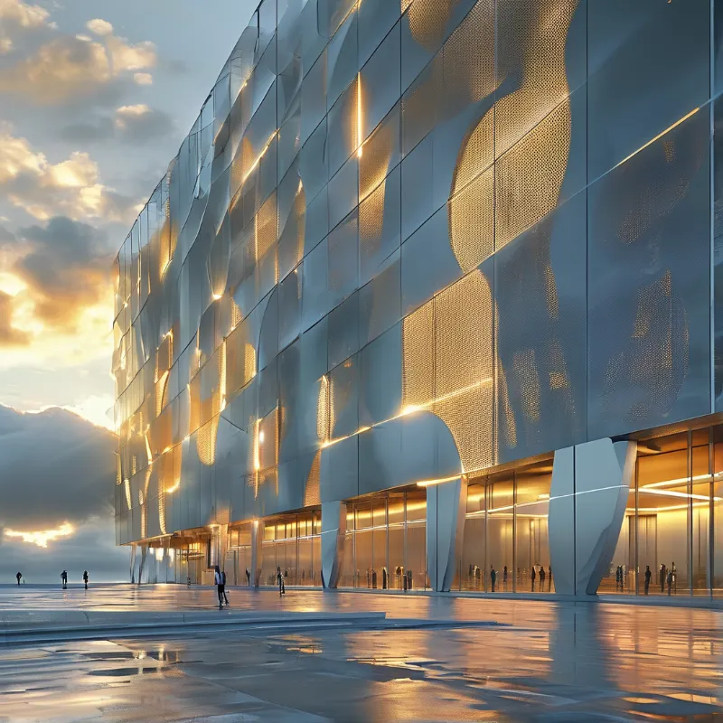 A massive modern building with curved glass panels reflecting golden sunlight over a wet reflective plaza with small figures.