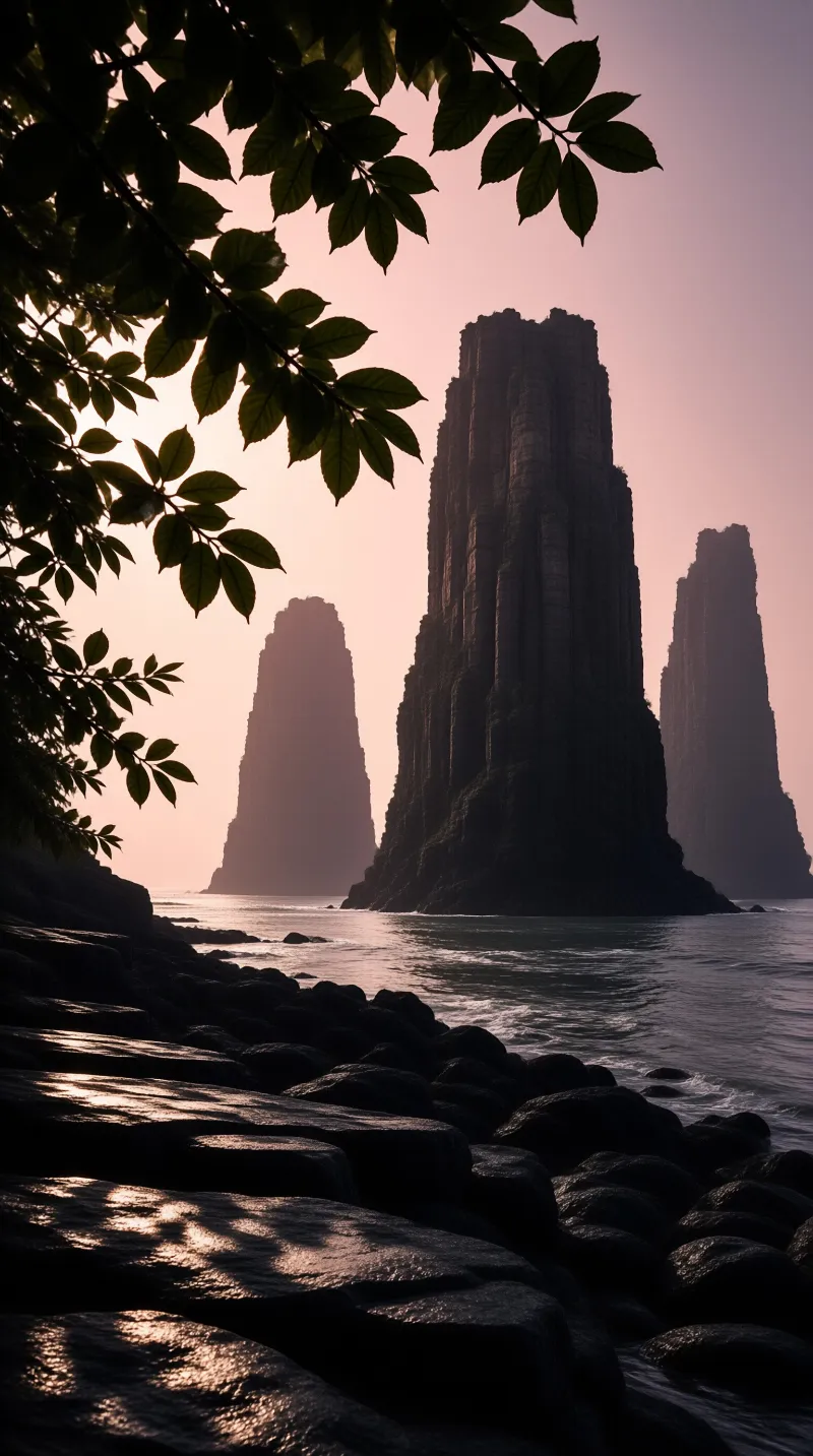 Dark rock pillars stand tall in the ocean beneath a soft pink sky with leaves in the foreground.