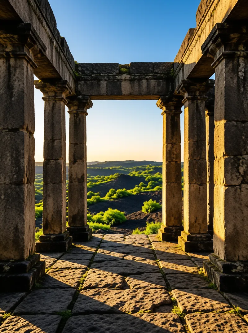 Ancient stone pillars create a window into a lush green valley bathed in warm sunset glow.
