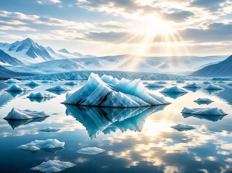 Blue icebergs rest in calm water reflecting sunlight and surrounding snowy mountains under a partly cloudy sky.