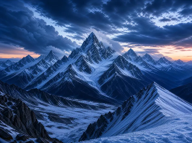 Snowy Mountain Peaks at Dusk