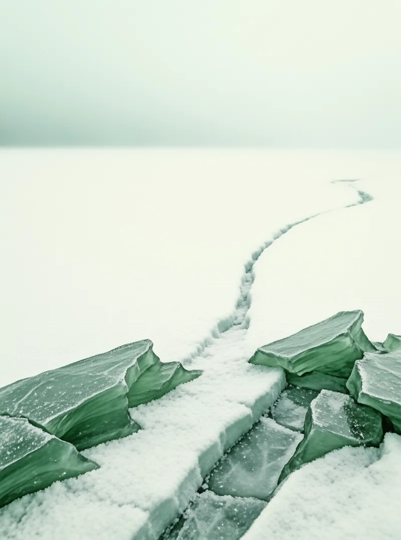 A jagged crack runs through the frozen teal ice of a lake leading into the distance.