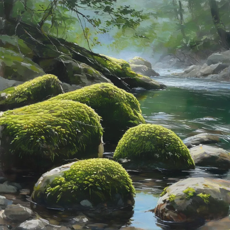 Large stones draped in vibrant green moss emerge from a dark river winding through a shaded forest.