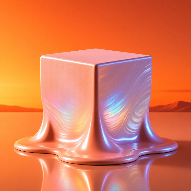 A metallic cube melts onto a reflective plane, displaying iridescent swirls under a glowing orange sky.
