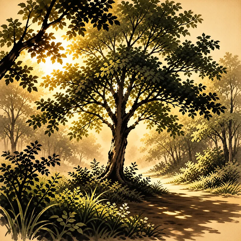 A large leafy tree stands beside a dirt path as golden sunlight filters through the surrounding misty woodland.