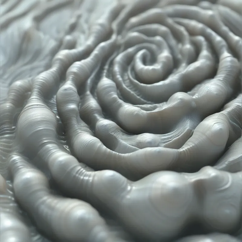 A detailed view of white whipped cream swirling in a spiral pattern with soft lighting on the ridges.