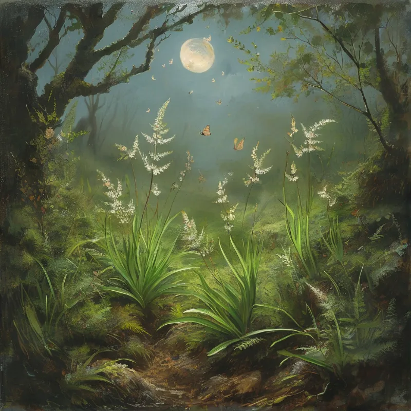 White flowering plants stand at the base of an old tree in a misty forest while a full moon glows above flying butterflies.