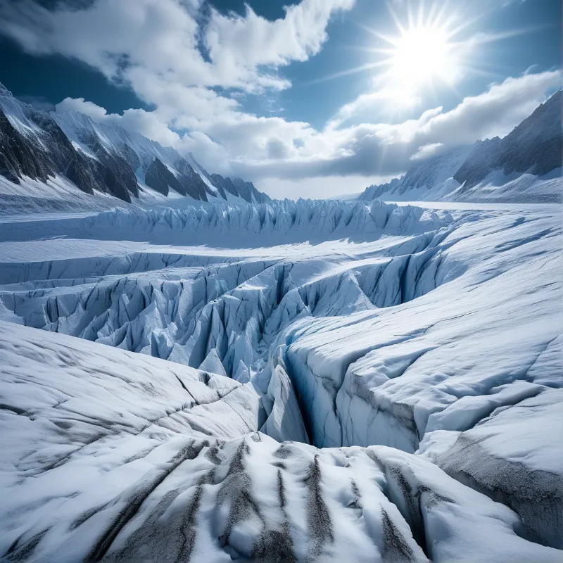Massive frozen crevices cut through the white ice surface, framed by rugged snowy mountains under a bright clear sky.