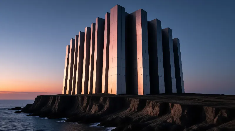 A monolithic building of vertical fins glows copper at sunset while perched on a rugged sea cliff.
