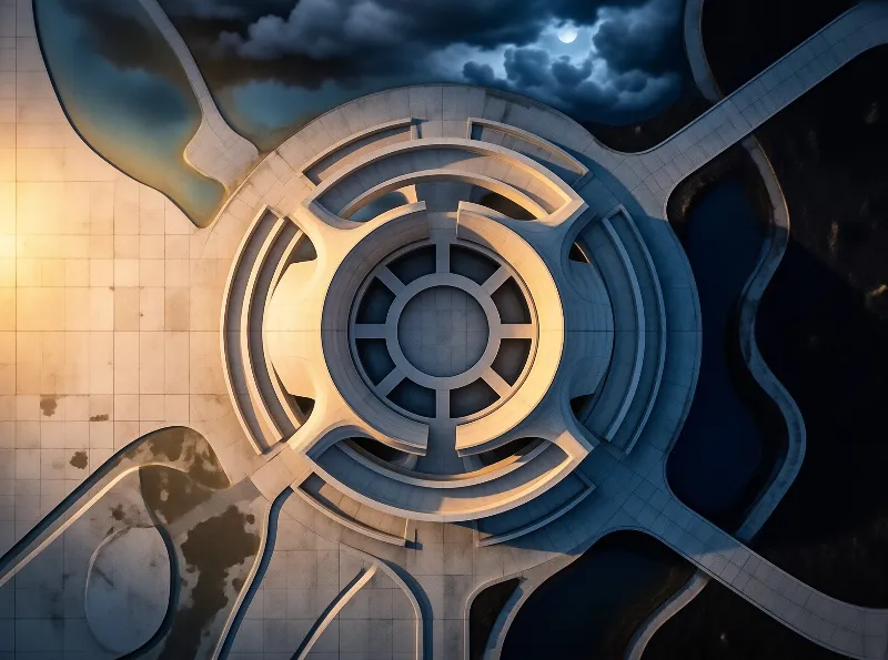 An overhead view of curved concrete walls forming circles, with dark pools, warm light at one edge and cloud shadow above.