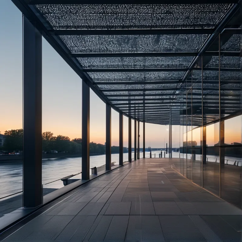 A curved wall of glass and steel columns shelters a stone walkway as sunset glows over the water.