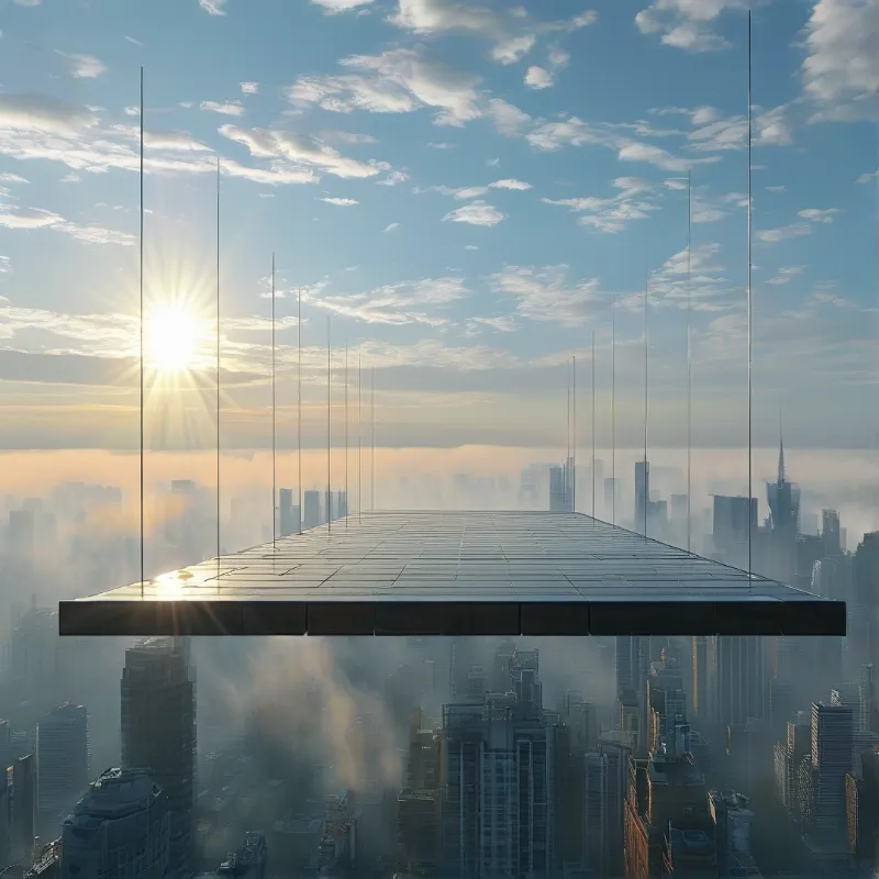 A rooftop with vertical poles overlooks a city shrouded in thick fog while bright sunlight streams from the horizon.