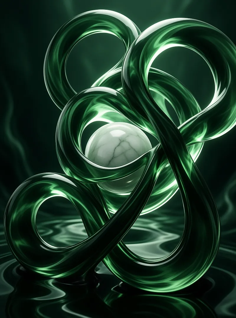 A sculptural arrangement of shiny green loops surrounding a smooth ball resting on a dark liquid surface.