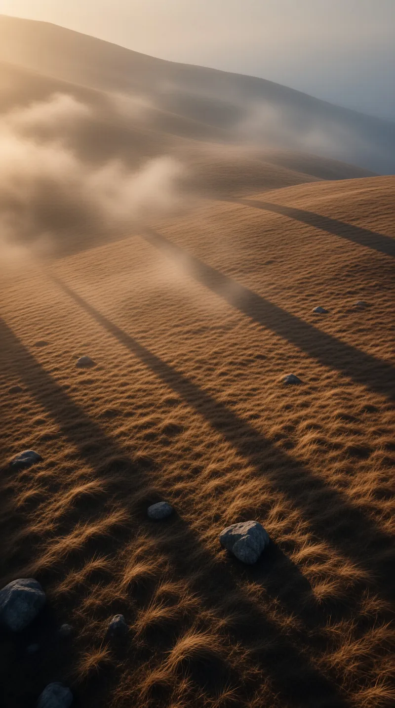 A grassy hillside covered in dry vegetation features scattered rocks casting long shadows under a misty sky.